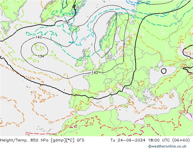 Height/Temp. 850 hPa GFS Tu 24.09.2024 18 UTC