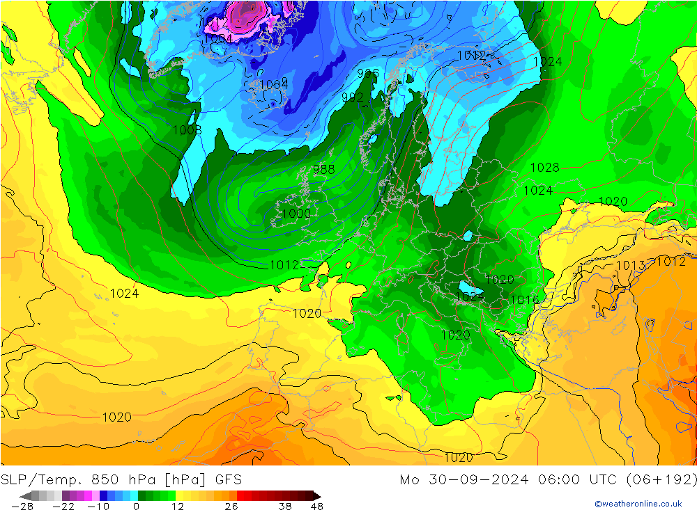 SLP/Temp. 850 hPa GFS 星期一 30.09.2024 06 UTC