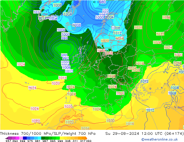 Thck 700-1000 hPa GFS Ne 29.09.2024 12 UTC