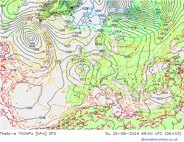 Theta-e 700hPa GFS 星期日 22.09.2024 09 UTC