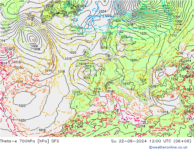 Theta-e 700hPa GFS Su 22.09.2024 12 UTC