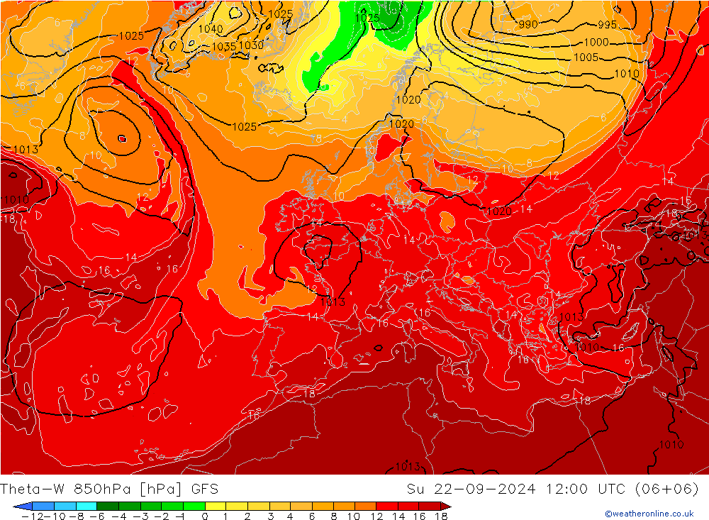 Theta-W 850hPa GFS So 22.09.2024 12 UTC