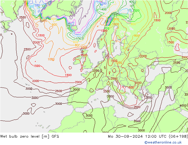 Wet bulb zero level GFS 星期一 30.09.2024 12 UTC