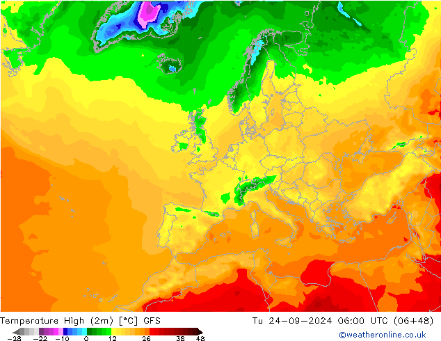 Nejvyšší teplota (2m) GFS Út 24.09.2024 06 UTC