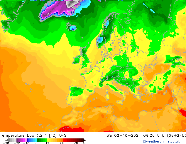 Temperature Low (2m) GFS We 02.10.2024 06 UTC