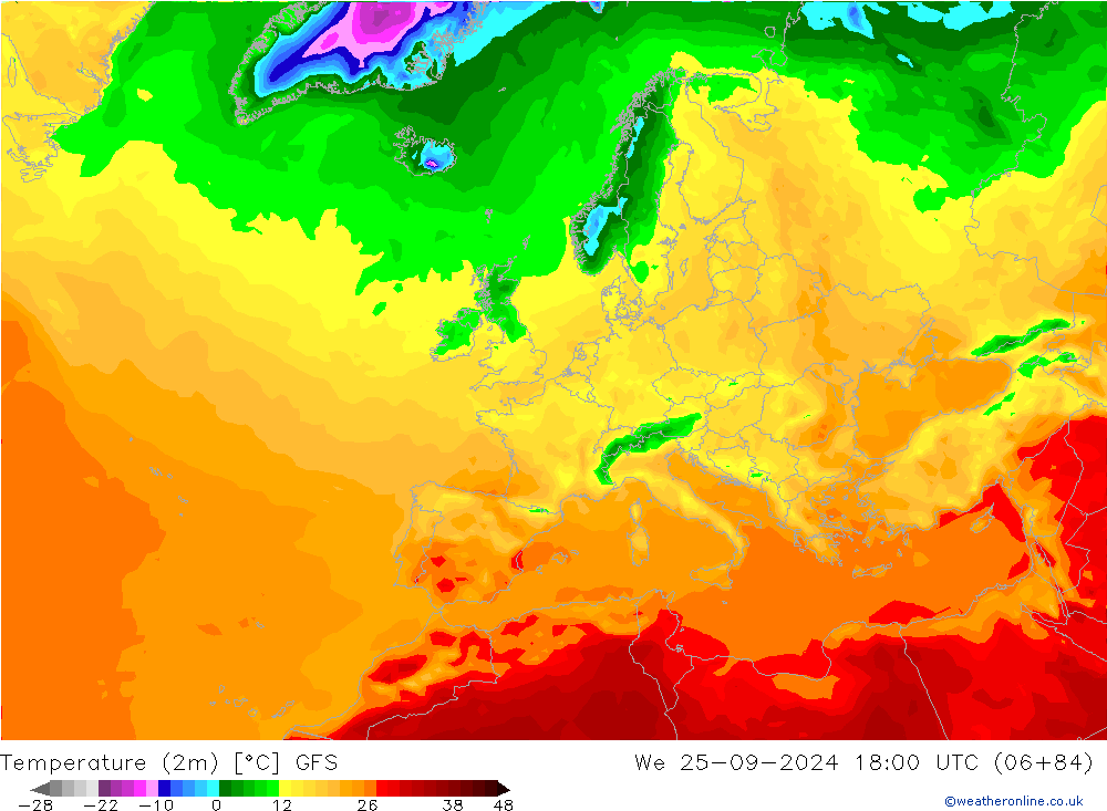 Temperatura (2m) GFS Qua 25.09.2024 18 UTC