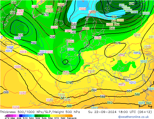 Schichtdicke 500-1000 hPa GFS So 22.09.2024 18 UTC