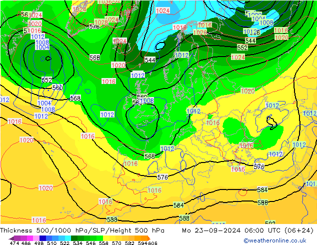 Thck 500-1000hPa GFS 星期一 23.09.2024 06 UTC