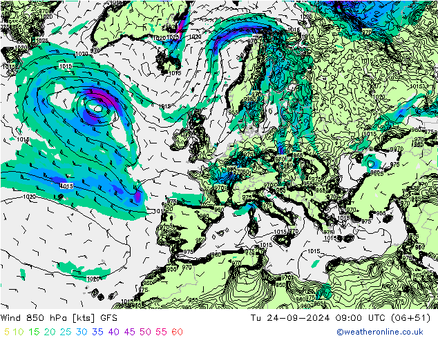 Wind 850 hPa GFS Tu 24.09.2024 09 UTC