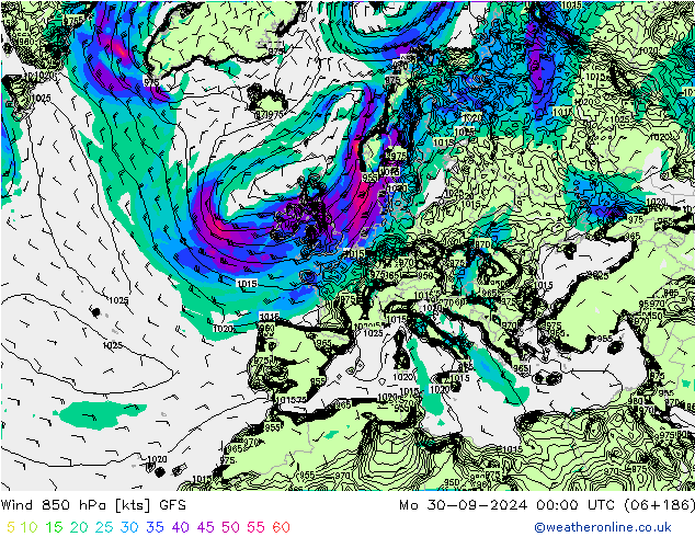 Rüzgar 850 hPa GFS Pzt 30.09.2024 00 UTC