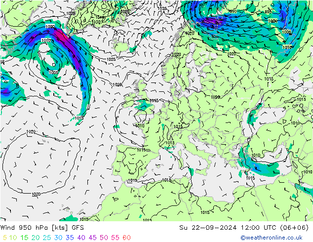 Wind 950 hPa GFS Ne 22.09.2024 12 UTC