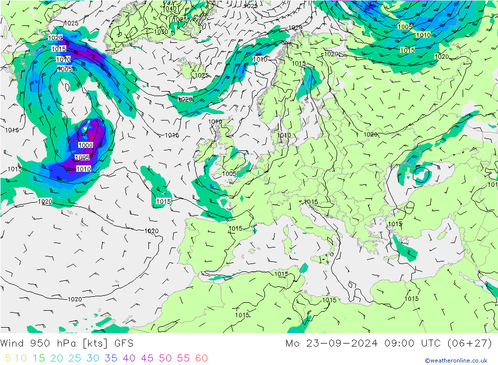 Wind 950 hPa GFS Mo 23.09.2024 09 UTC