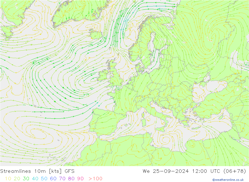 Streamlines 10m GFS We 25.09.2024 12 UTC