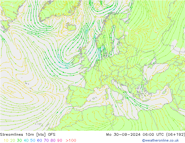 Stromlinien 10m GFS Mo 30.09.2024 06 UTC