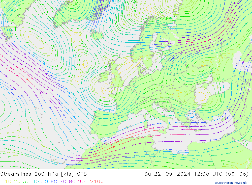 Stromlinien 200 hPa GFS So 22.09.2024 12 UTC