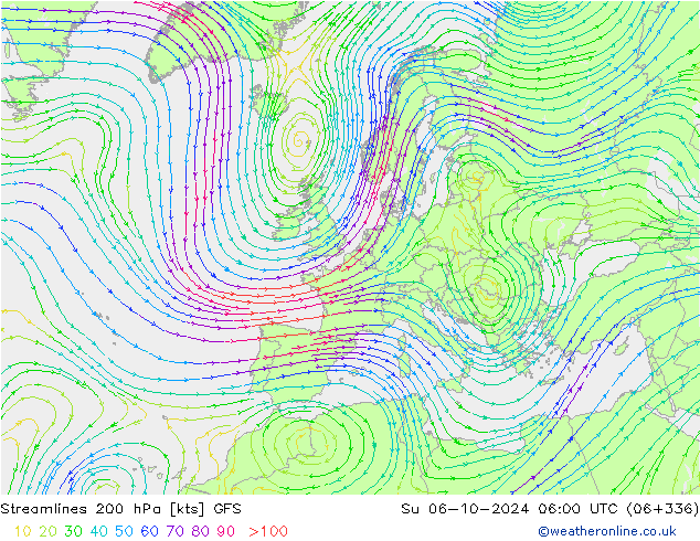 Streamlines 200 hPa GFS Su 06.10.2024 06 UTC