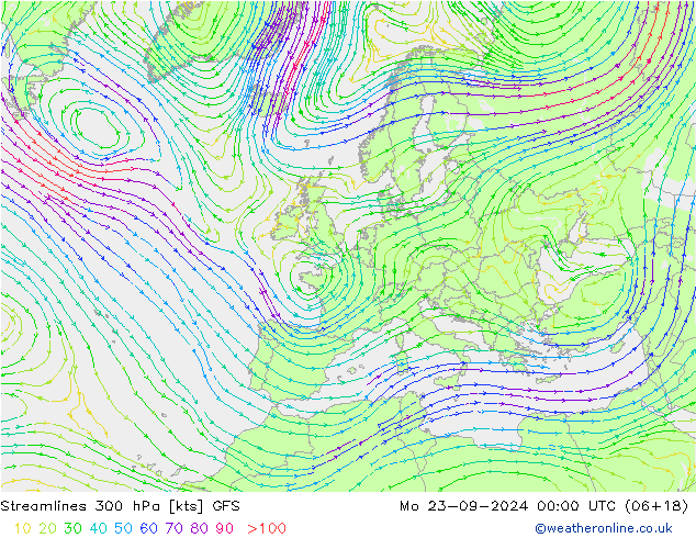 Streamlines 300 hPa GFS Mo 23.09.2024 00 UTC