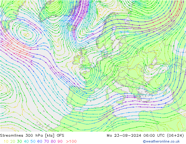 风 300 hPa GFS 星期一 23.09.2024 06 UTC