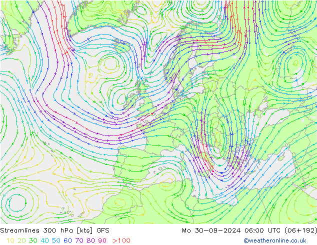 Stroomlijn 300 hPa GFS ma 30.09.2024 06 UTC