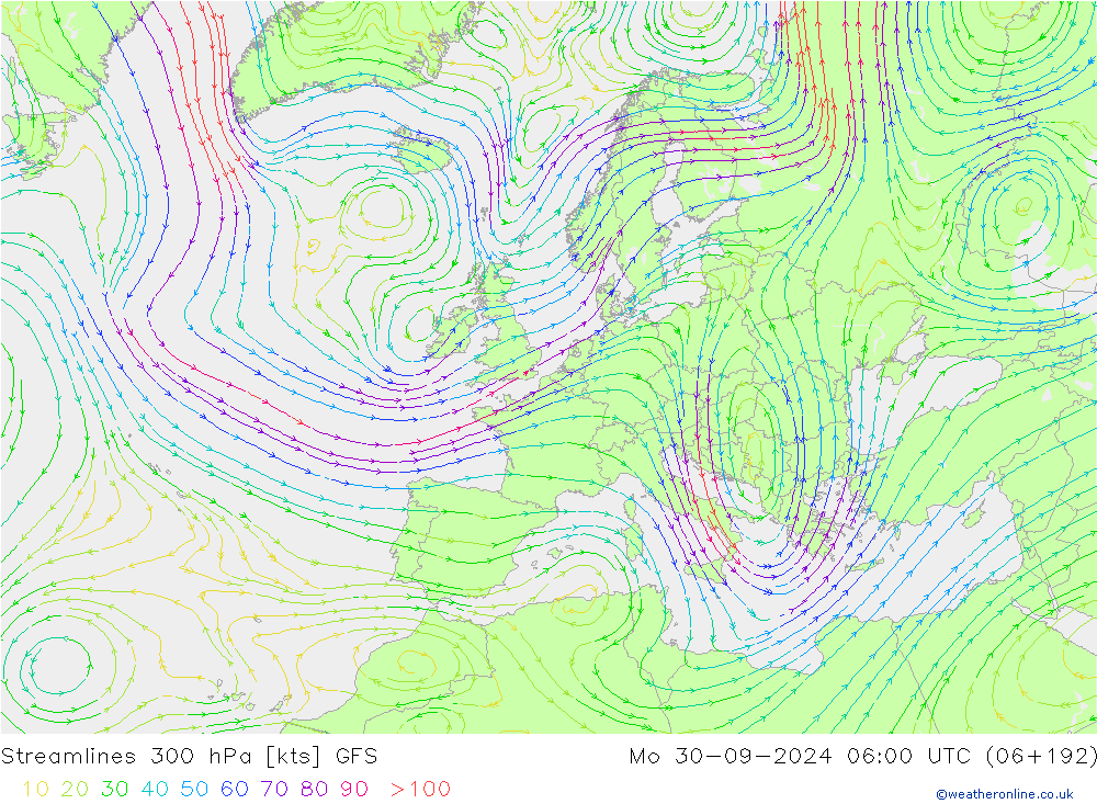 Stromlinien 300 hPa GFS Mo 30.09.2024 06 UTC