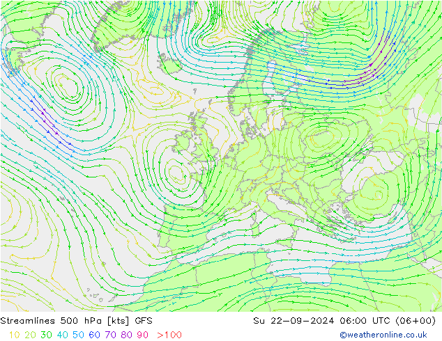 Linea di flusso 500 hPa GFS dom 22.09.2024 06 UTC