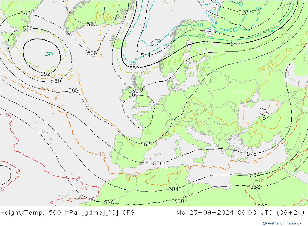 Z500/Rain (+SLP)/Z850 GFS 星期一 23.09.2024 06 UTC