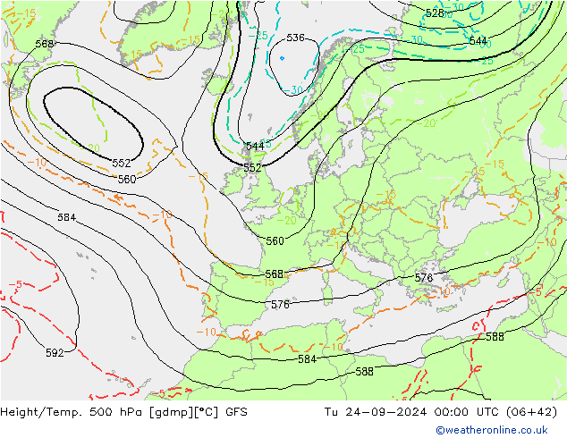 Z500/Rain (+SLP)/Z850 GFS Tu 24.09.2024 00 UTC