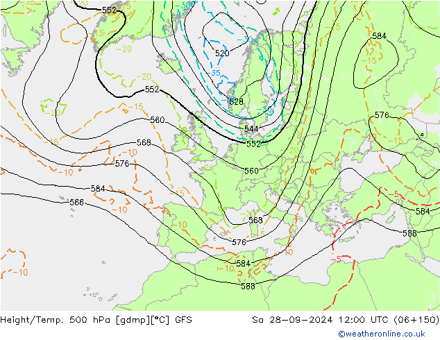 Height/Temp. 500 hPa GFS Sa 28.09.2024 12 UTC