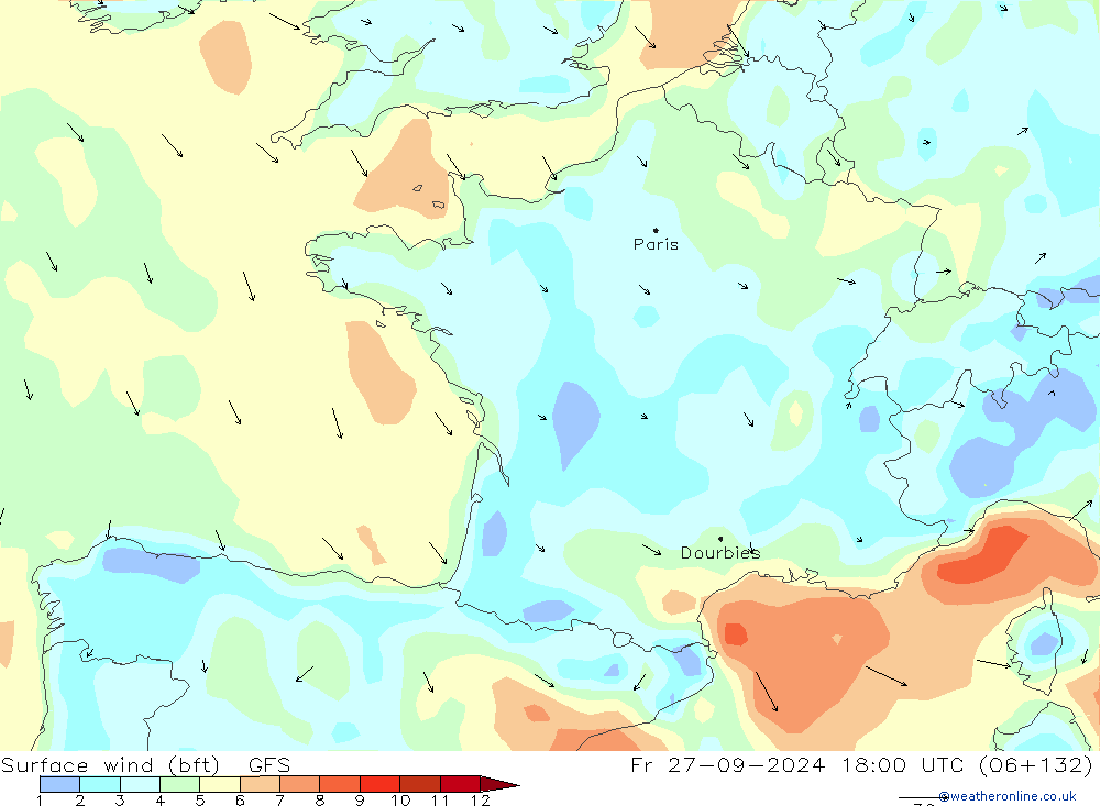 Vento 10 m (bft) GFS ven 27.09.2024 18 UTC