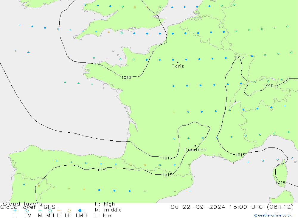 Wolkenlagen GFS zo 22.09.2024 18 UTC