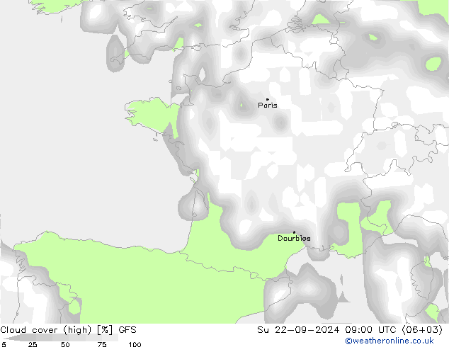 Bewolking (Hoog) GFS zo 22.09.2024 09 UTC