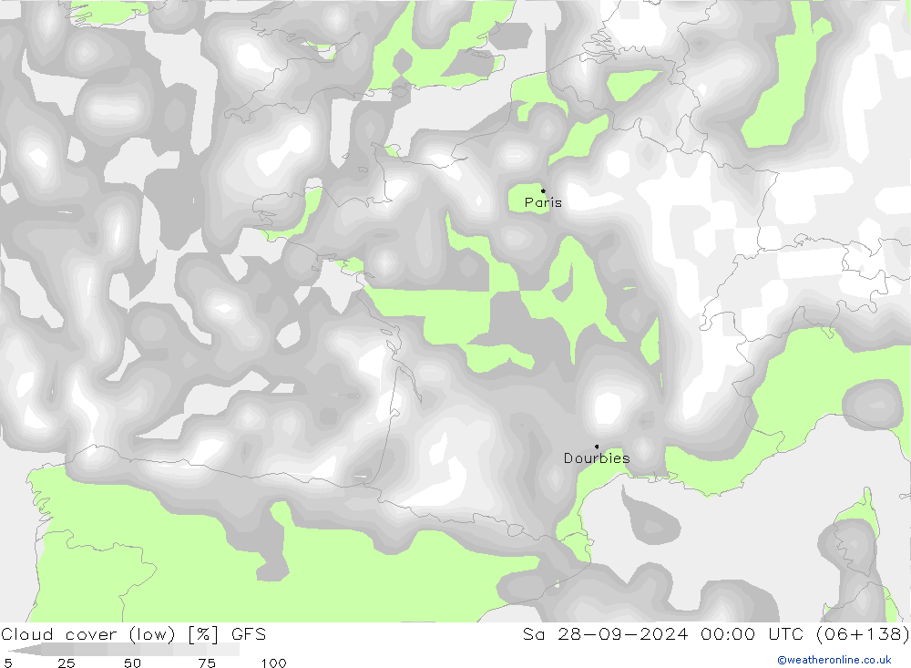 Cloud cover (low) GFS Sa 28.09.2024 00 UTC