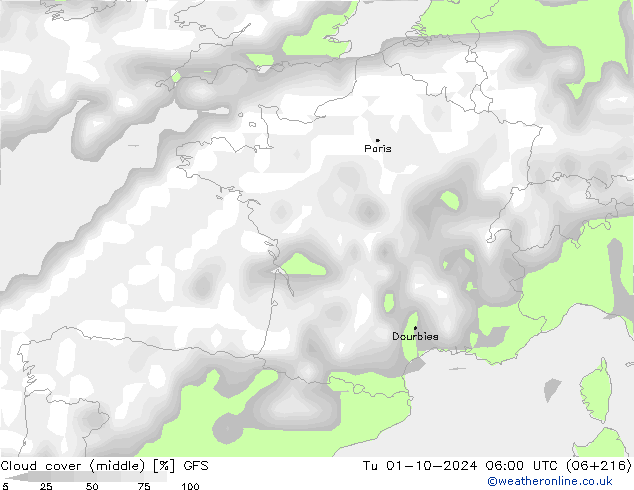 Cloud cover (middle) GFS Tu 01.10.2024 06 UTC