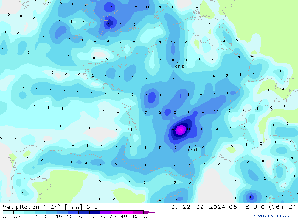 Precipitation (12h) GFS Su 22.09.2024 18 UTC