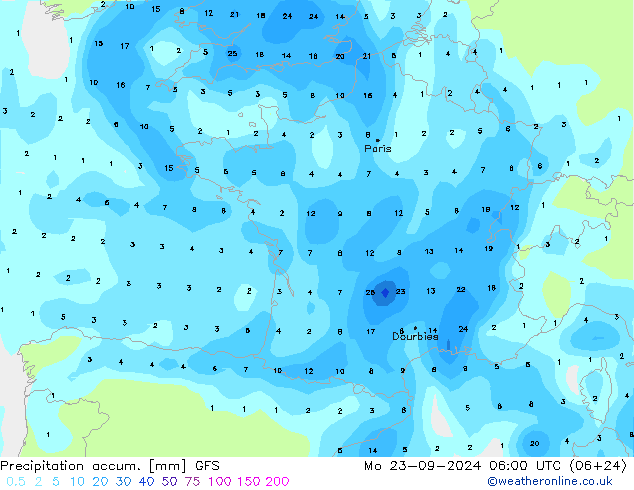 Precipitation accum. GFS Seg 23.09.2024 06 UTC