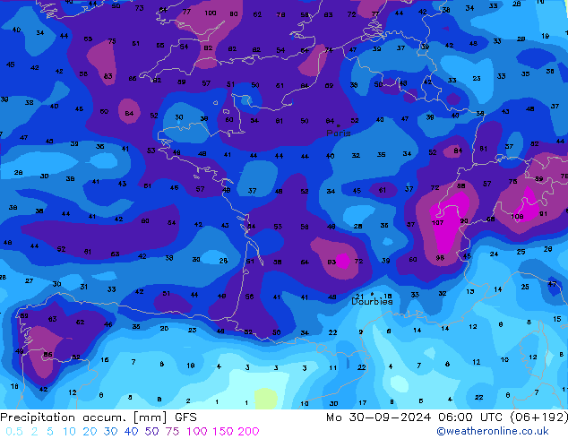 Precipitation accum. GFS Po 30.09.2024 06 UTC