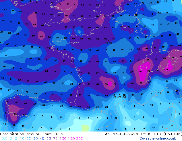 Totale neerslag GFS ma 30.09.2024 12 UTC