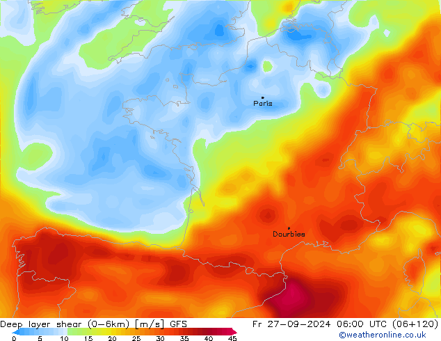 Deep layer shear (0-6km) GFS Fr 27.09.2024 06 UTC