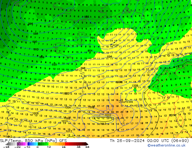 SLP/Temp. 850 hPa GFS Qui 26.09.2024 00 UTC