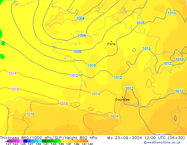 Dikte 850-1000 hPa GFS ma 23.09.2024 12 UTC