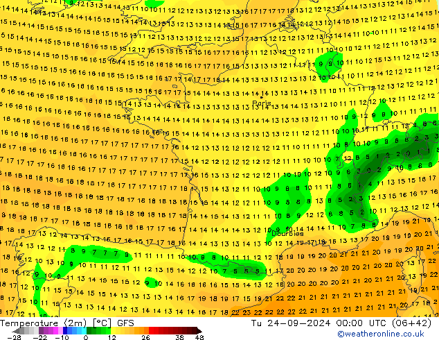 Temperature (2m) GFS Tu 24.09.2024 00 UTC