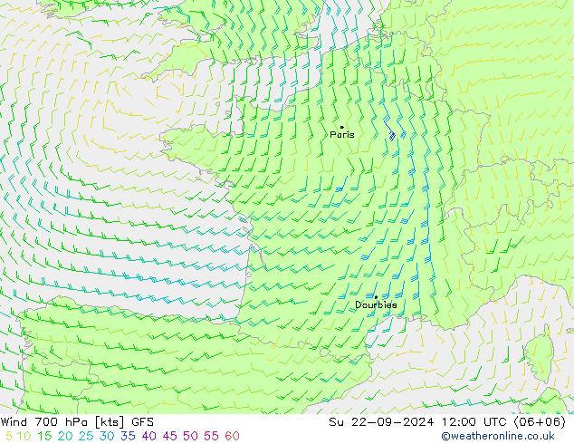 Wind 700 hPa GFS Su 22.09.2024 12 UTC