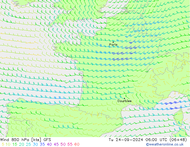 Wind 850 hPa GFS Út 24.09.2024 06 UTC