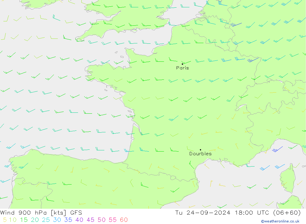 Wind 900 hPa GFS Út 24.09.2024 18 UTC