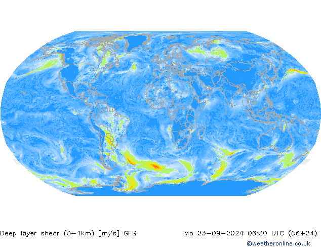 Deep layer shear (0-1km) GFS Mo 23.09.2024 06 UTC