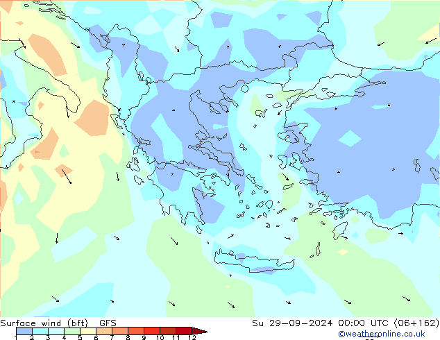 Vento 10 m (bft) GFS Dom 29.09.2024 00 UTC