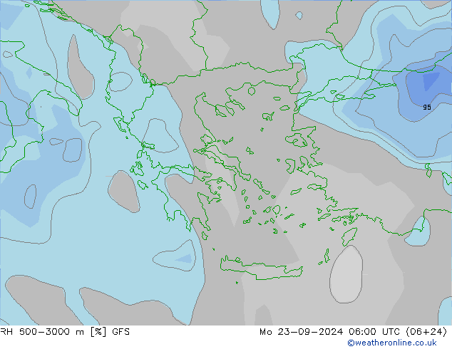 RH 600-3000 m GFS пн 23.09.2024 06 UTC