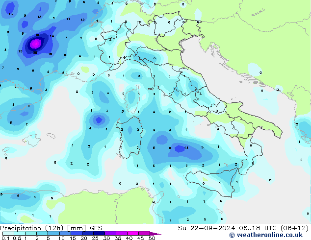 Precipitazione (12h) GFS dom 22.09.2024 18 UTC