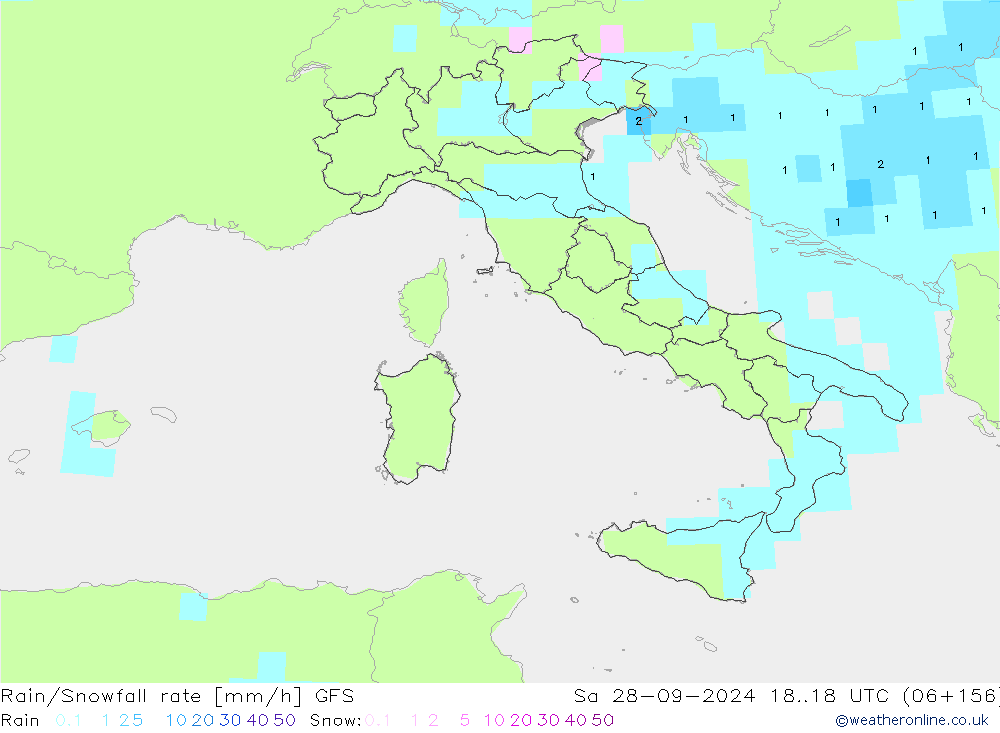 Rain/Snowfall rate GFS Sáb 28.09.2024 18 UTC