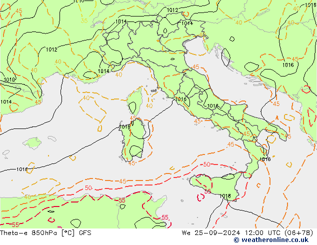 Theta-e 850гПа GFS ср 25.09.2024 12 UTC